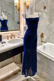Ndyad Blue Shiny Silk Mermaid Dress Swing Neck Luxurious Birthday Party Dress HZ1024