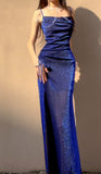 Ndyad Blue Shiny Silk Mermaid Dress Swing Neck Luxurious Birthday Party Dress HZ1024