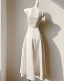 Ndyad Light Champagne Spaghetti Strap Satin A-Line Bridal Dress Elegant Wedding Guest Dress HZ1024