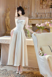 Ndyad Light Champagne Spaghetti Strap Satin A-Line Bridal Dress Elegant Wedding Guest Dress HZ1024