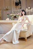 Ndyad Light Champagne Spaghetti Strap Satin A-Line Bridal Dress Elegant Wedding Guest Dress HZ1024