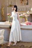 Ndyad Light Champagne Spaghetti Strap Satin A-Line Bridal Dress Elegant Wedding Guest Dress HZ1024