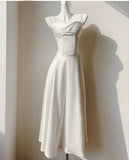 Ndyad Light Champagne Spaghetti Strap Satin A-Line Bridal Dress Elegant Wedding Guest Dress HZ1024