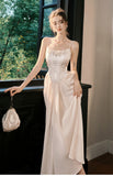 Ndyad Champagne French Pearl Pendant Party Dress Satin Spaghetti Straps Chiffon Birthday Dress HZ1024