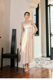 Ndyad Champagne French Pearl Pendant Party Dress Satin Spaghetti Straps Chiffon Birthday Dress HZ1024