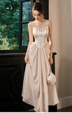 Ndyad Champagne French Pearl Pendant Party Dress Satin Spaghetti Straps Chiffon Birthday Dress HZ1024