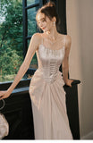 Ndyad Champagne French Pearl Pendant Party Dress Satin Spaghetti Straps Chiffon Birthday Dress HZ1024
