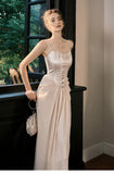 Ndyad Champagne French Pearl Pendant Party Dress Satin Spaghetti Straps Chiffon Birthday Dress HZ1024