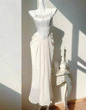Ndyad Champagne French Pearl Pendant Party Dress Satin Spaghetti Straps Chiffon Birthday Dress HZ1024