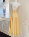 Ndyad Butter Yellow Spaghetti Strap A-Line Birthday Dress Elegant Backless Party Dress HZ1024