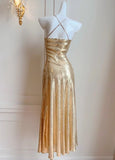 Ndyad Gold Sequin Spaghetti Strap A-Line Evening Dress Backless Sparkling Birthday Party Dress HZ1024
