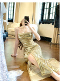 Ndyad Gold Sequin Spaghetti Strap A-Line Evening Dress Backless Sparkling Birthday Party Dress HZ1024