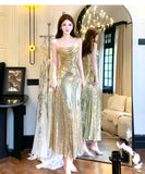 Ndyad Gold Sequin Spaghetti Strap A-Line Evening Dress Backless Sparkling Birthday Party Dress HZ1024
