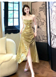 Ndyad Gold Sequin Spaghetti Strap A-Line Evening Dress Backless Sparkling Birthday Party Dress HZ1024