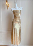 Ndyad Gold Sequin Spaghetti Strap A-Line Evening Dress Backless Sparkling Birthday Party Dress HZ1024