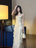 Ndyad Birthday Evening Gowns Off-White Spaghetti Straps Chiffon Ruffles A-Line Prom Dresses HZ1024