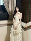 Ndyad Birthday Evening Gowns Off-White Spaghetti Straps Chiffon Ruffles A-Line Prom Dresses HZ1024
