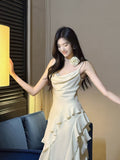 Ndyad Birthday Evening Gowns Off-White Spaghetti Straps Chiffon Ruffles A-Line Prom Dresses HZ1024