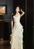 Ndyad Birthday Evening Gowns Off-White Spaghetti Straps Chiffon Ruffles A-Line Prom Dresses HZ1024