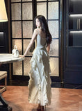 Ndyad Birthday Evening Gowns Off-White Spaghetti Straps Chiffon Ruffles A-Line Prom Dresses HZ1024