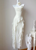 Ndyad Birthday Evening Gowns Off-White Spaghetti Straps Chiffon Ruffles A-Line Prom Dresses HZ1024