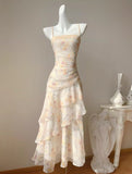 Ndyad French Ruffle Print Spaghetti Strap Dress Fashion Mermaid Party Dress HZ1024