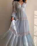 Ndyad Palace Style Lace Chiffon Prom Dresses Fairytale Birthday Evening Gowns HZ1024