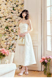 Ndyad Moonlight White Strapless A-Line Jacquard Satin Evening Gowns Elegant Birthday Prom Dresses HZ1024