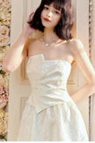 Ndyad Moonlight White Strapless A-Line Jacquard Satin Evening Gowns Elegant Birthday Prom Dresses HZ1024