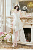 Ndyad Light Apricot Spaghetti Strap Chiffon Ruffle Hi-Lo Birthday Party Dress HZ1024