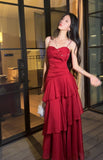 Ndyad Red Spaghetti Strap Chiffon Ruffles A-Line Prom Dresses Gorgeous Birthday Party Dress HZ1024