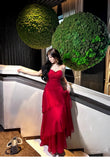 Ndyad Red Spaghetti Strap Chiffon Ruffles A-Line Prom Dresses Gorgeous Birthday Party Dress HZ1024