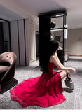 Ndyad Red Spaghetti Strap Chiffon Ruffles A-Line Prom Dresses Gorgeous Birthday Party Dress HZ1024