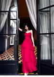 Ndyad Red Spaghetti Strap Chiffon Ruffles A-Line Prom Dresses Gorgeous Birthday Party Dress HZ1024
