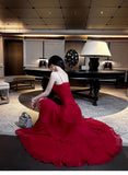 Ndyad Red Spaghetti Strap Chiffon Ruffles A-Line Prom Dresses Gorgeous Birthday Party Dress HZ1024