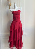 Ndyad Red Spaghetti Strap Chiffon Ruffles A-Line Prom Dresses Gorgeous Birthday Party Dress HZ1024