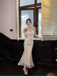 Ndyad Elegant 3D Flower Embroidery Spaghetti Straps Mermaid Birthday Party Dress HZ1024
