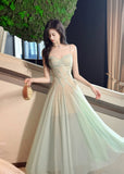 Ndyad Green Tulle Spaghetti Strap A-Line Birthday Prom Dress Sweet 16 Evening Gowns HZ1024