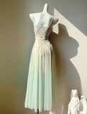 Ndyad Green Tulle Spaghetti Strap A-Line Birthday Prom Dress Sweet 16 Evening Gowns HZ1024