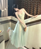 Ndyad Green Tulle Spaghetti Strap A-Line Birthday Prom Dress Sweet 16 Evening Gowns HZ1024