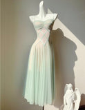 Ndyad Green Tulle Spaghetti Strap A-Line Birthday Prom Dress Sweet 16 Evening Gowns HZ1024