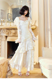 Ndyad Light Apricot Chiffon Jacquard Long Sleeves Ruffled Evening Dress HZ1024