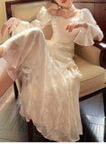 Ndyad Light Apricot Chiffon Jacquard Long Sleeves Ruffled Evening Dress HZ1024