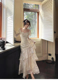 Ndyad Light Apricot Chiffon Jacquard Long Sleeves Ruffled Evening Dress HZ1024