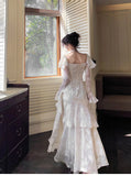 Ndyad Light Apricot Chiffon Jacquard Long Sleeves Ruffled Evening Dress HZ1024