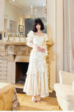 Ndyad Light Apricot Chiffon Jacquard Long Sleeves Ruffled Evening Dress HZ1024