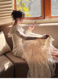 Ndyad Light Apricot Chiffon Jacquard Long Sleeves Ruffled Evening Dress HZ1024