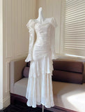 Ndyad Light Apricot Chiffon Jacquard Long Sleeves Ruffled Evening Dress HZ1024