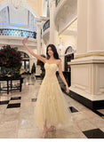 Ndyad Light Apricot Spaghetti Straps Tulle A-Line Birthday Prom Dresses HZ1024
