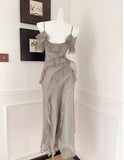 Ndyad Elegant Spaghetti Straps Ruffled Tulle Sheath Evening Dress HZ1024